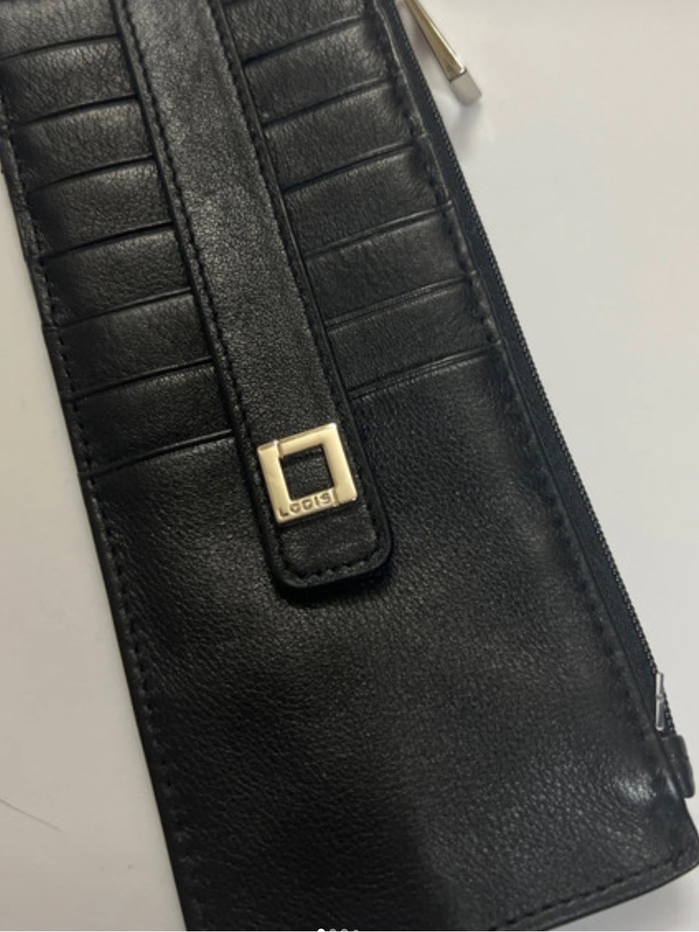 “New” LODIS- Black Leather Card & Zip Money Holder W/Gold Accent   (7 1/2” X 3”)